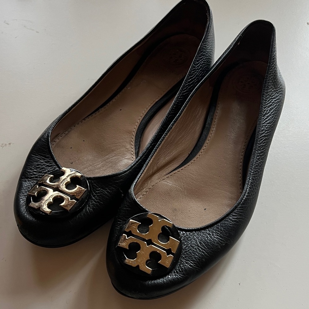 Tory Burch Black Flats with Gold Emblem